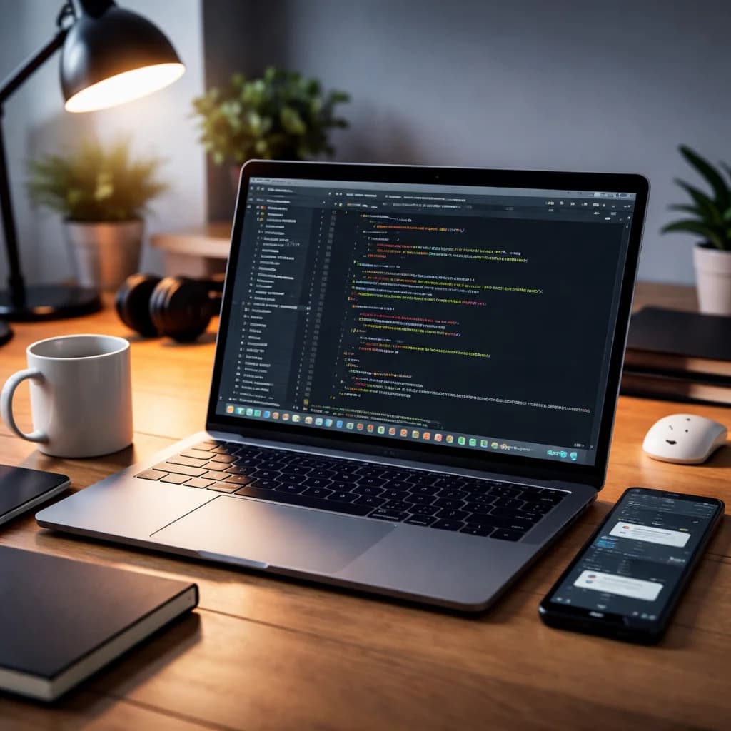 Moderner Arbeitsplatz mit Laptop und Notizen